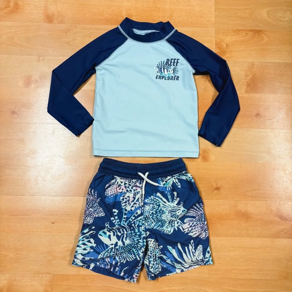 Carters Blue Reef Explorer 2-Piece Rashguard & Swim Trunks Set Toddler 4T